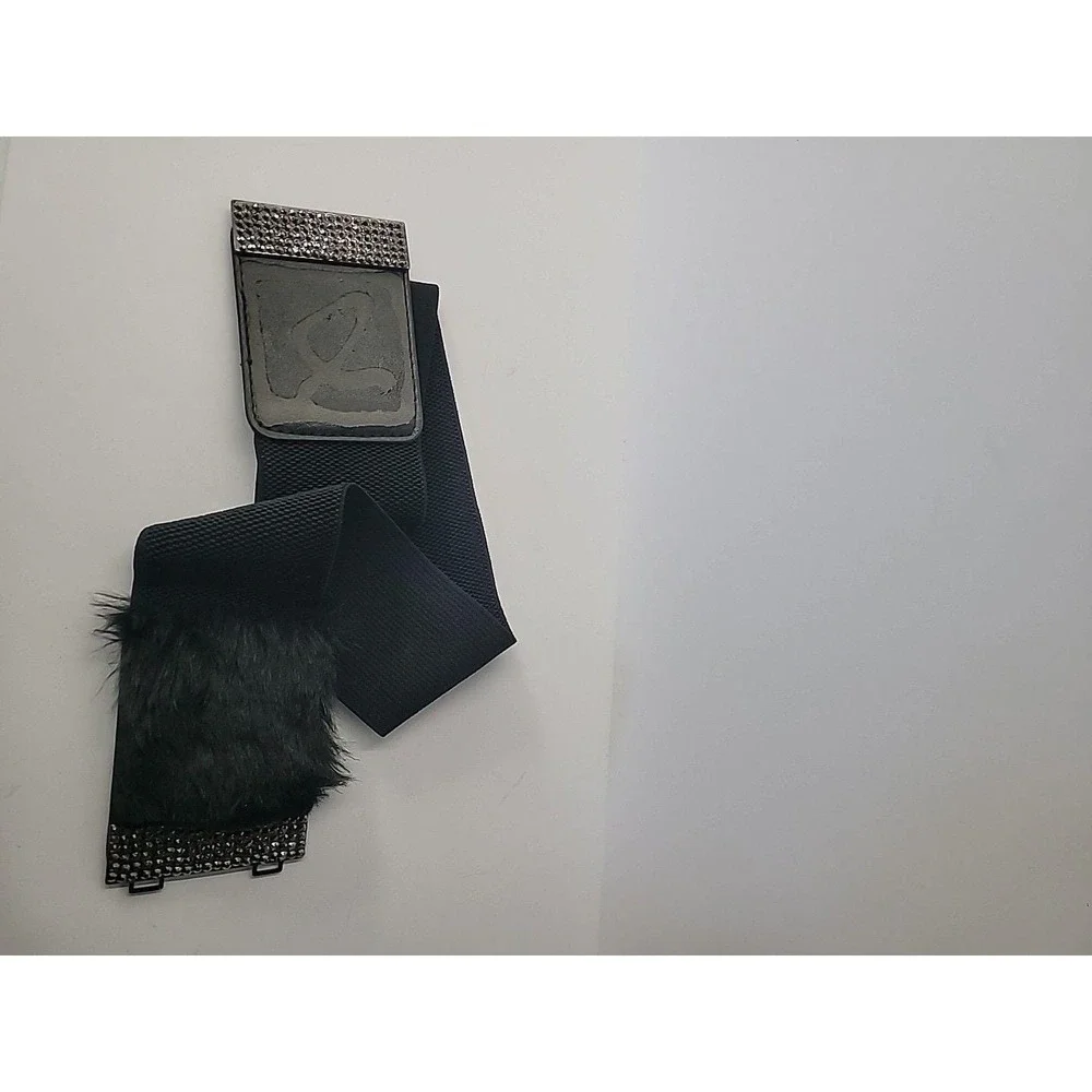 Vintage Black Faux Fur Rhinestones Stretch Belt Medium Large‎ Glam Statement